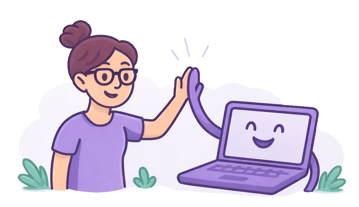 An AI-generated image oh a woman and a laptop high-fiving