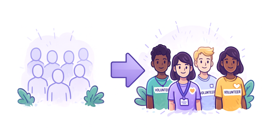 An AI-generated image showing generic person icons being transformed into volunteers