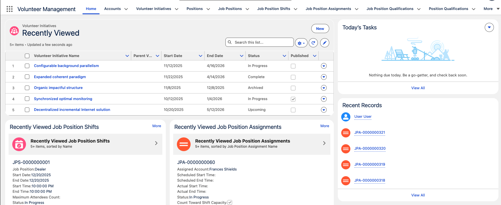 Screenshot of the Volunteer Management home page with generated data
