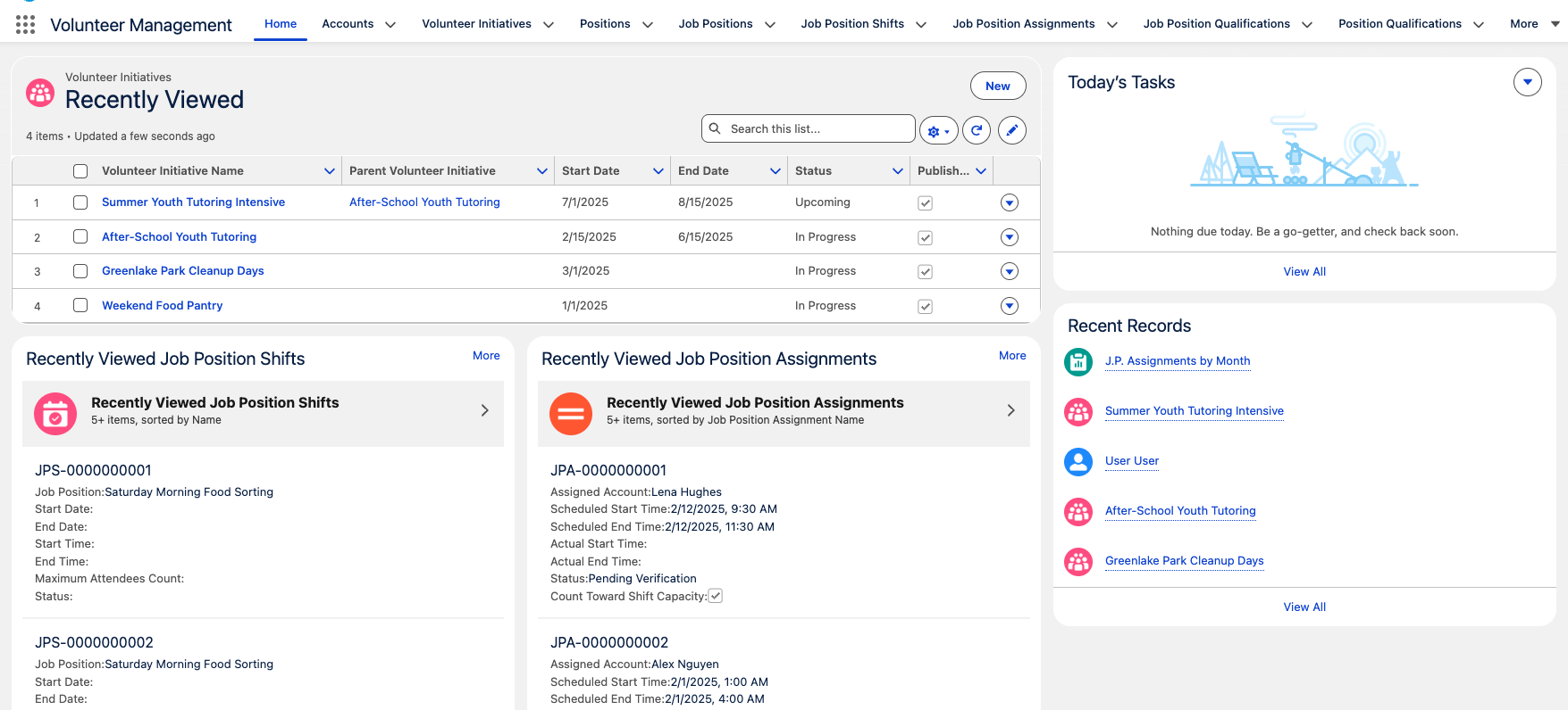 A screenshot of the Volunteer Management home page after we’ve updated the data to be more realistic