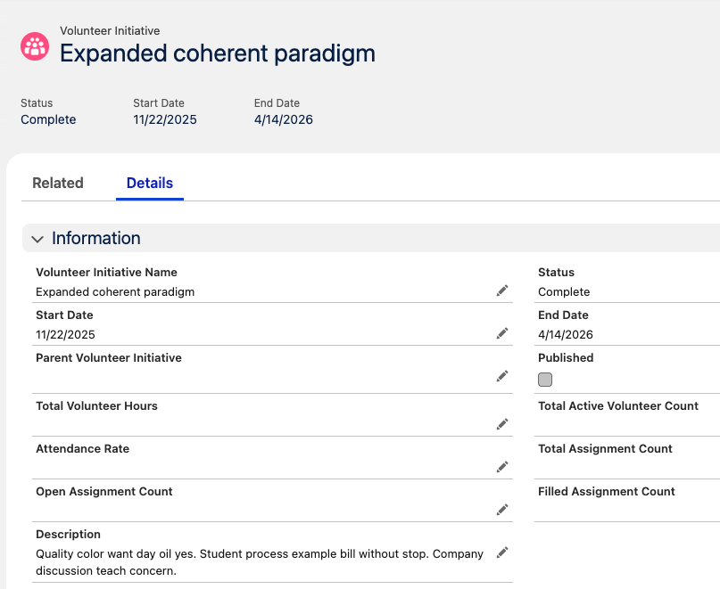 Screenshot of a Volunteer Initiative with generated data